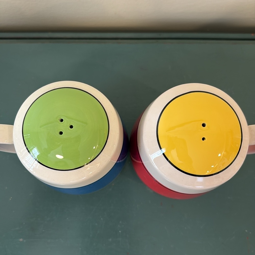 Hallmark Ceramic Salt and Pepper Mugs - Blue & Red with Green and Yellow Tops - Picture 2 of 5